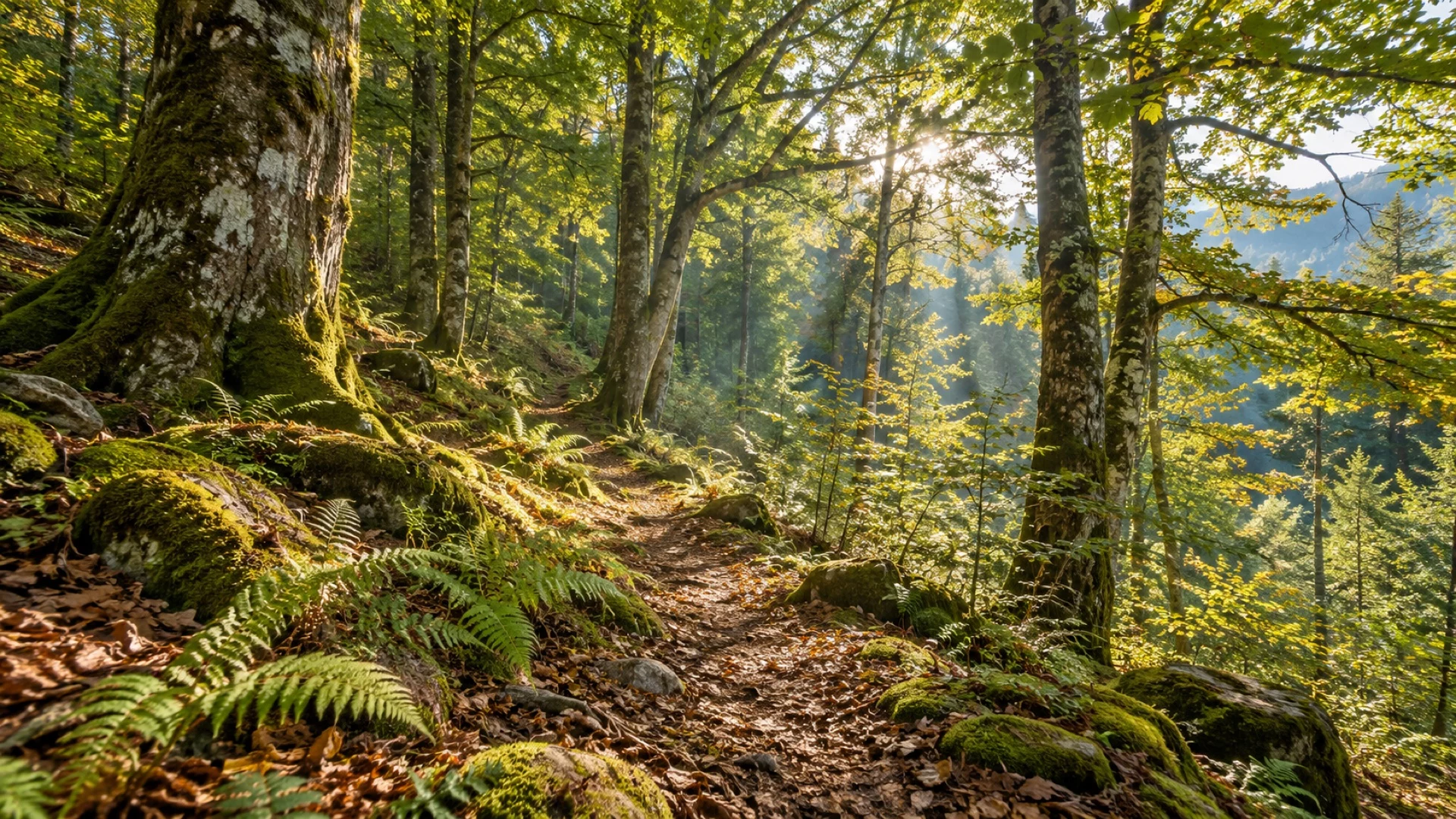 Illustration d’un sentier dans un boisement de feuillus en lumière naturelle