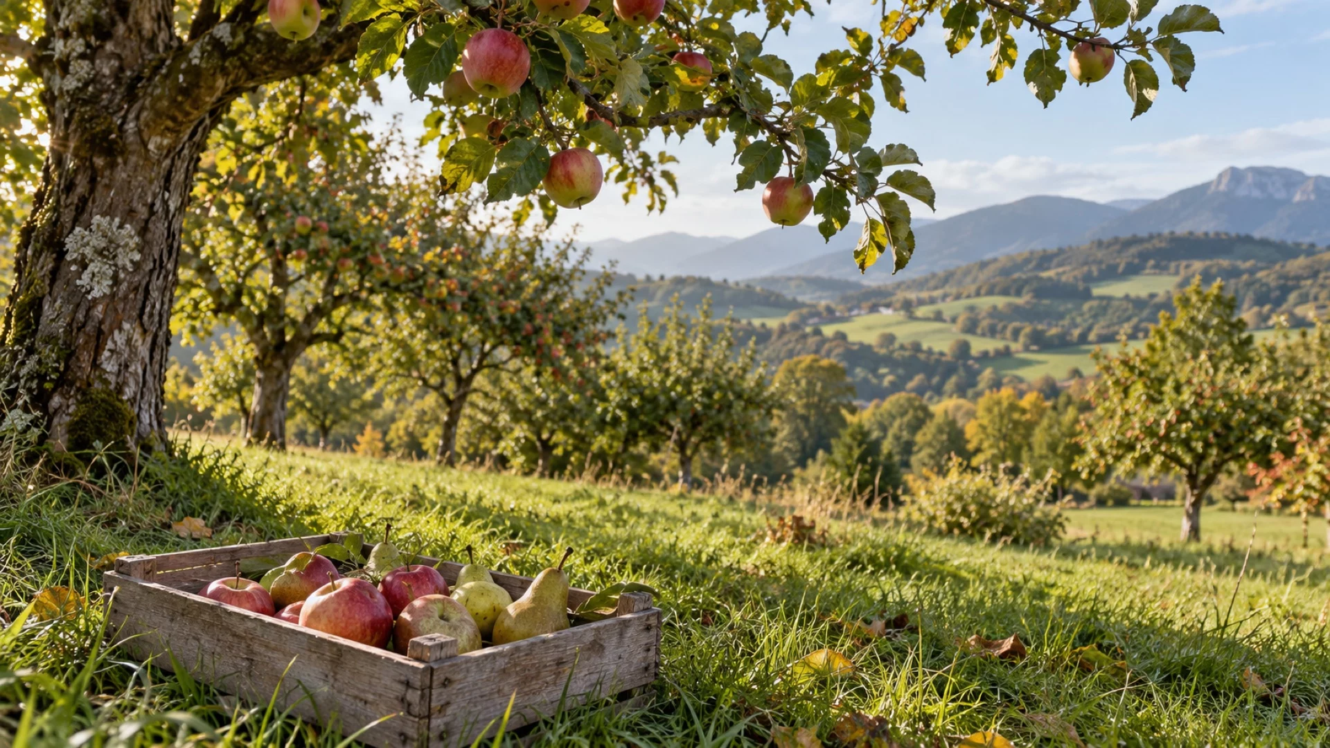 Illustration d’un verger et d’une cagette de pommes et poires à l’automne