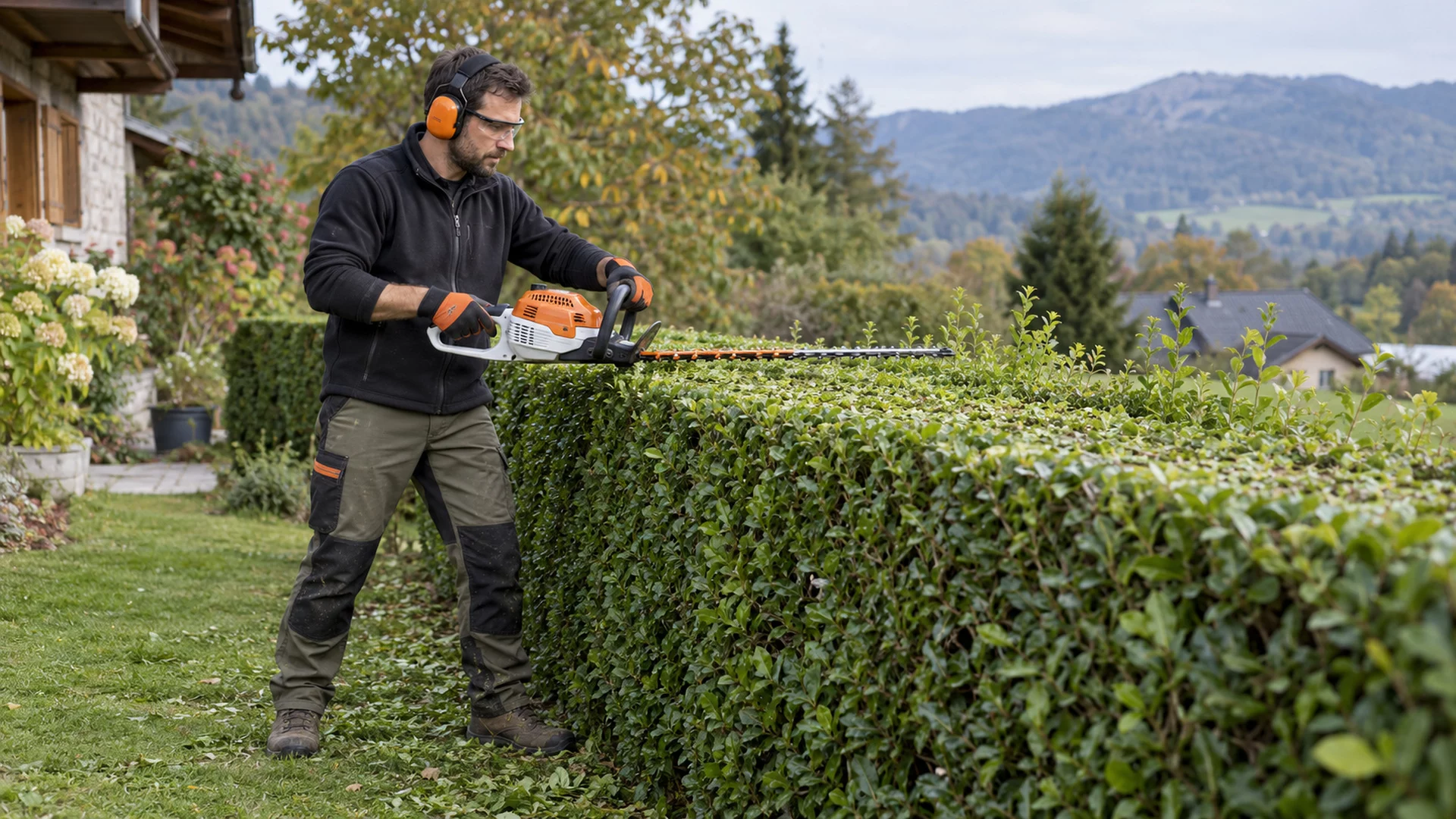 Paysagiste guidant un taille-haies à plat sur le dessus d’une haie