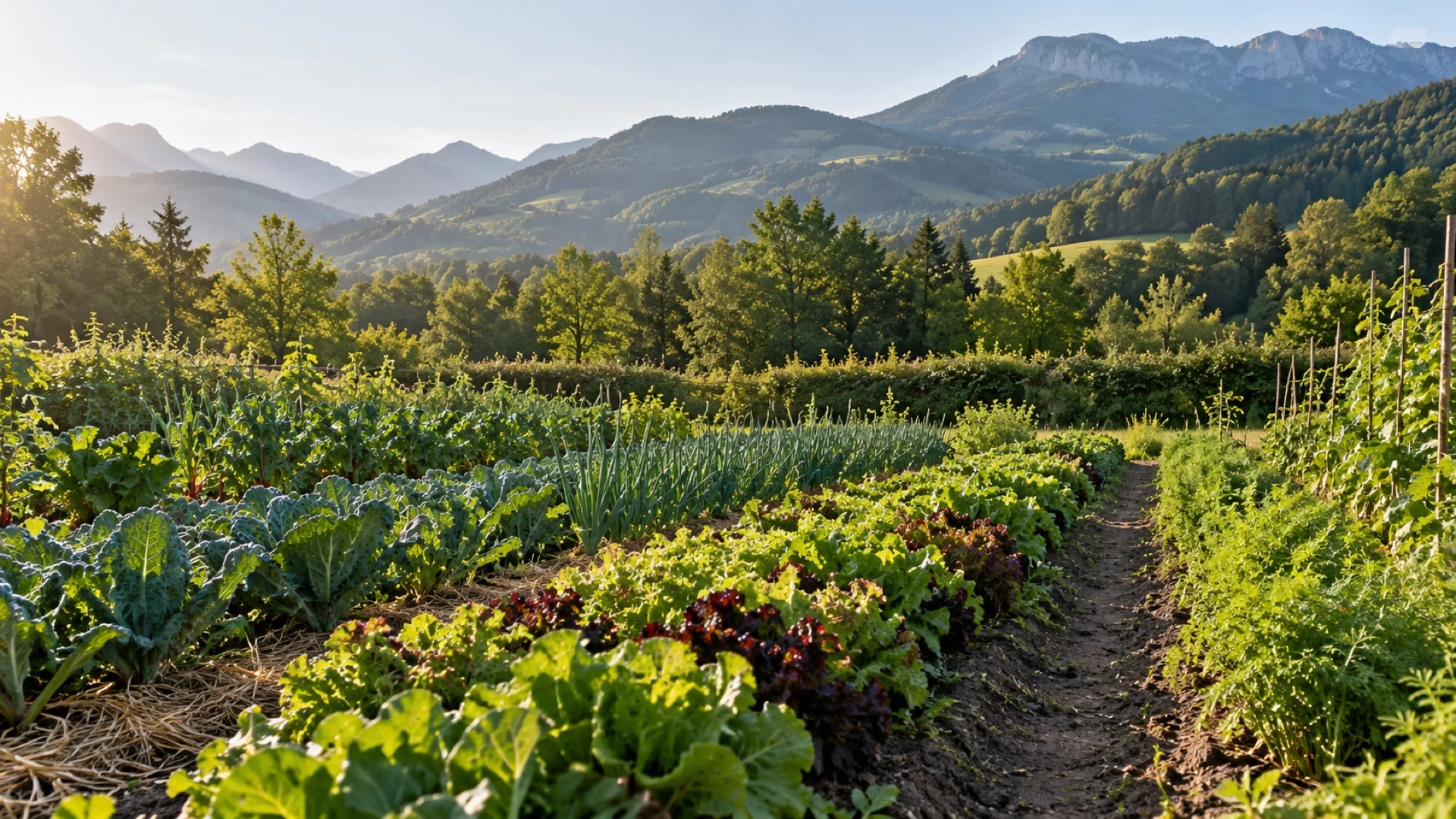 Illustration d’un jardin maraîcher au pied de collines préalpines