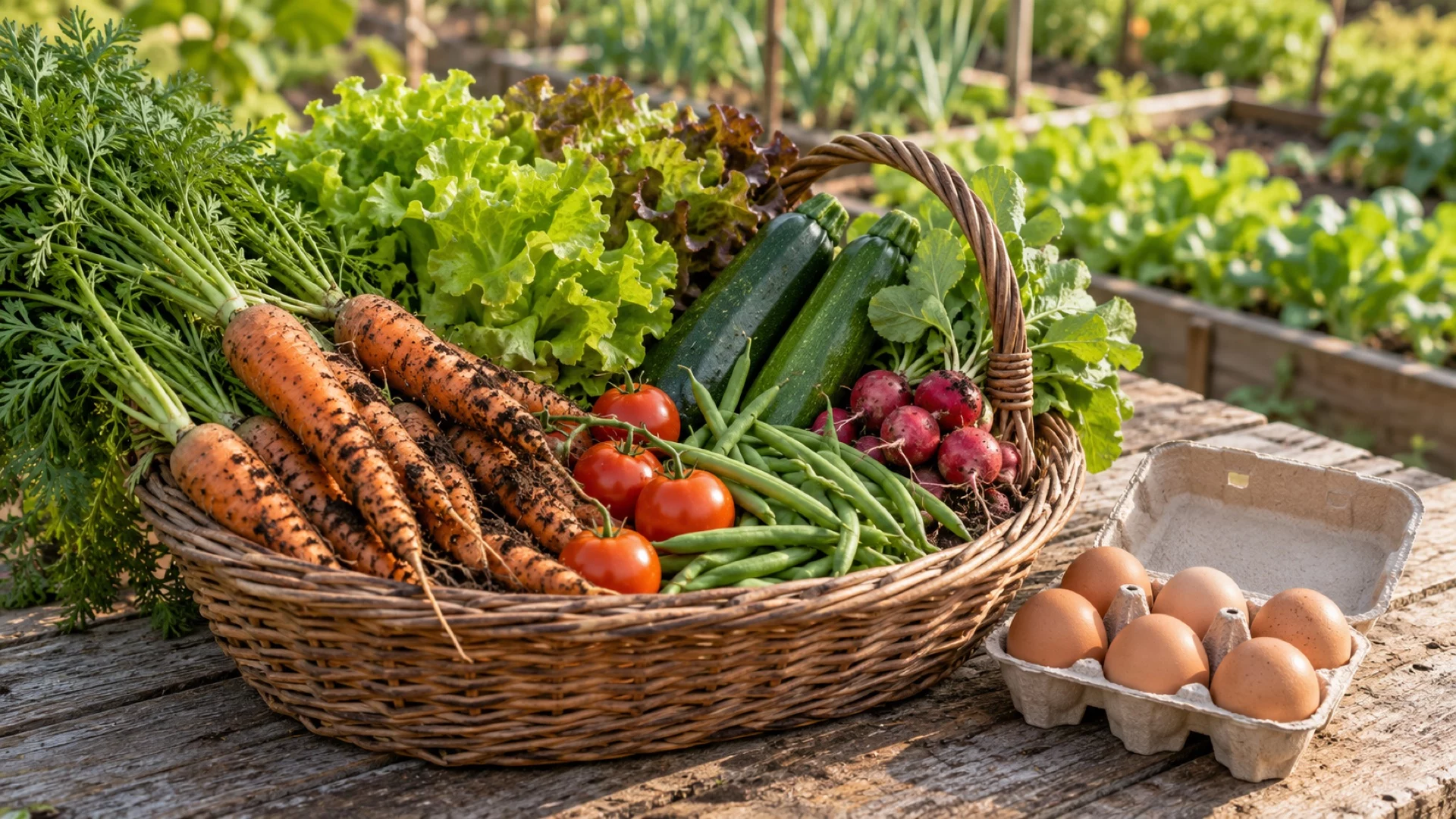 Illustration d’un panier de légumes de saison et d’œufs sur une table en bois