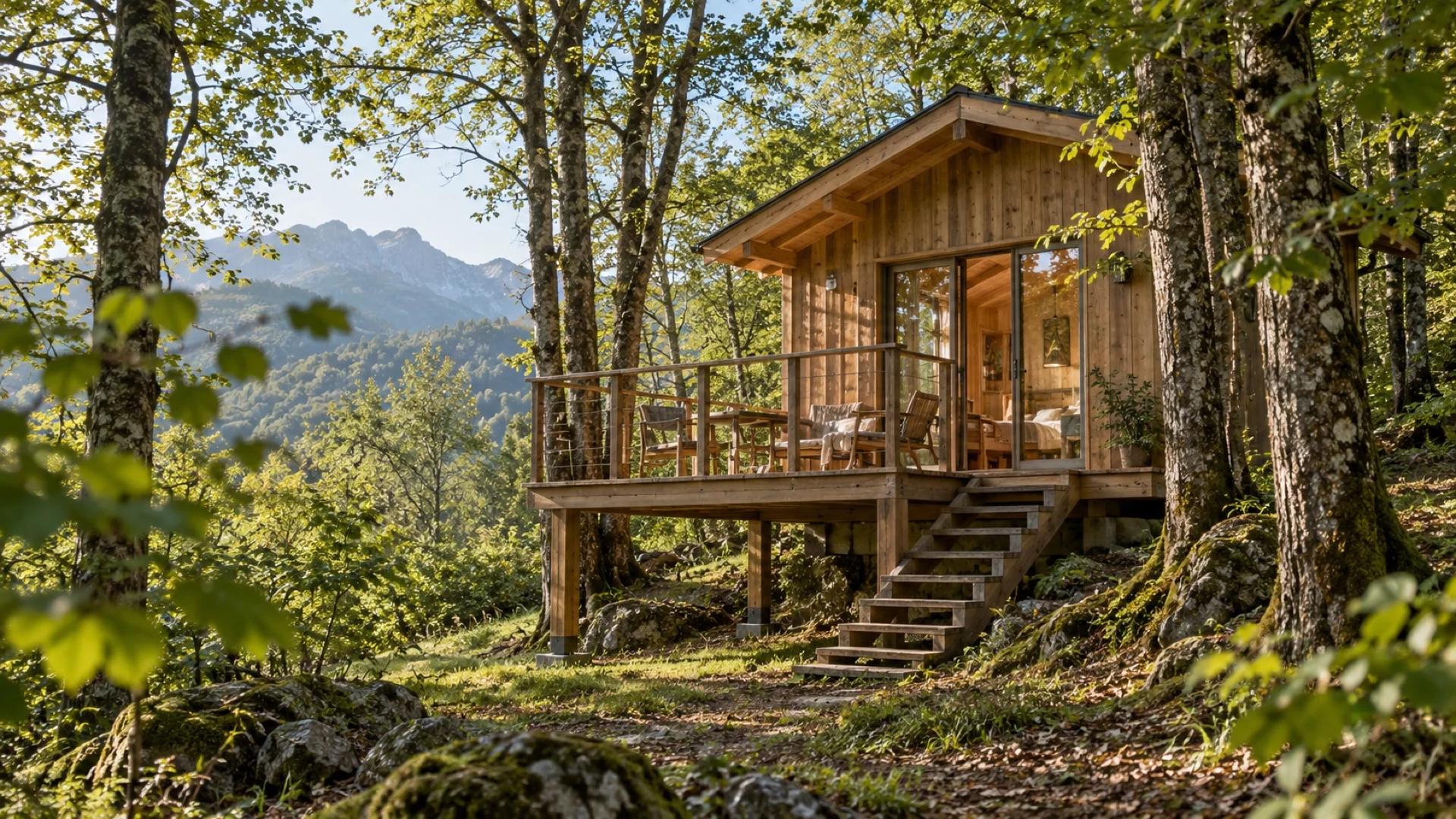 Illustration d’une cabane en bois imaginée parmi les arbres, projet non construit