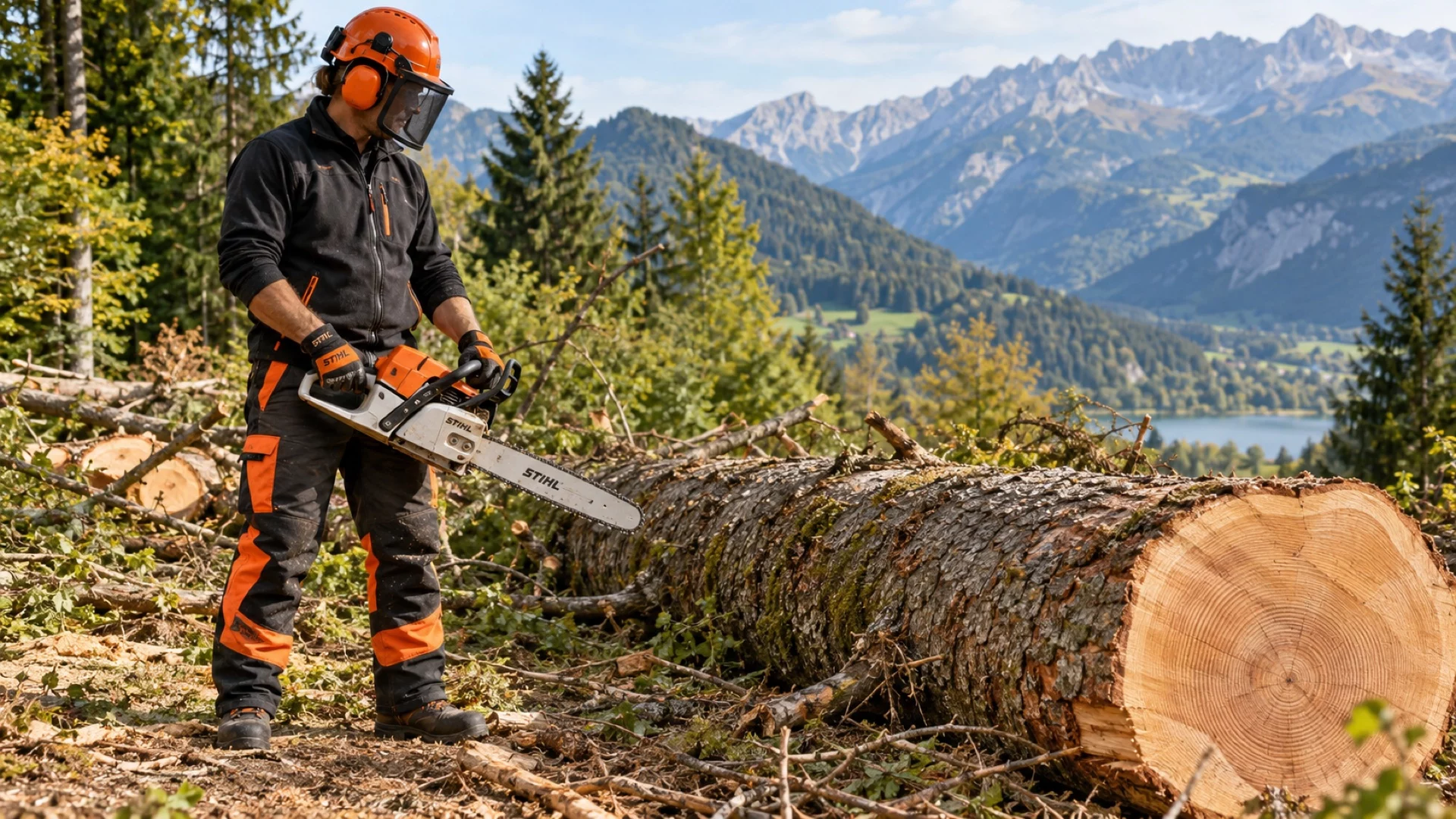 Illustration d’un professionnel avec une tronçonneuse STIHL près d’un tronc au sol