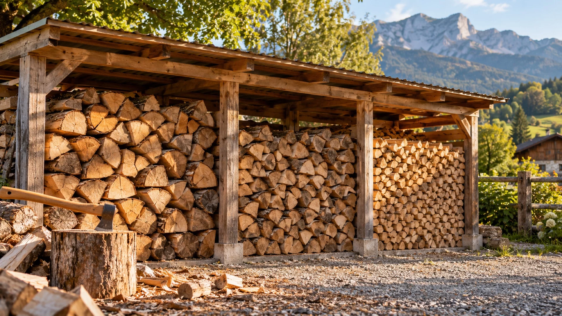 Illustration de bûches fendues rangées sous un abri à bois