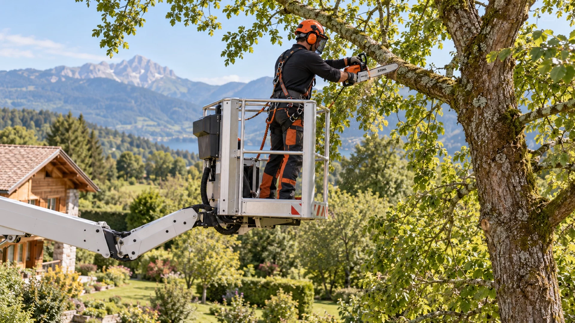 Illustration d’un professionnel équipé dans une nacelle auprès d’un arbre à élaguer