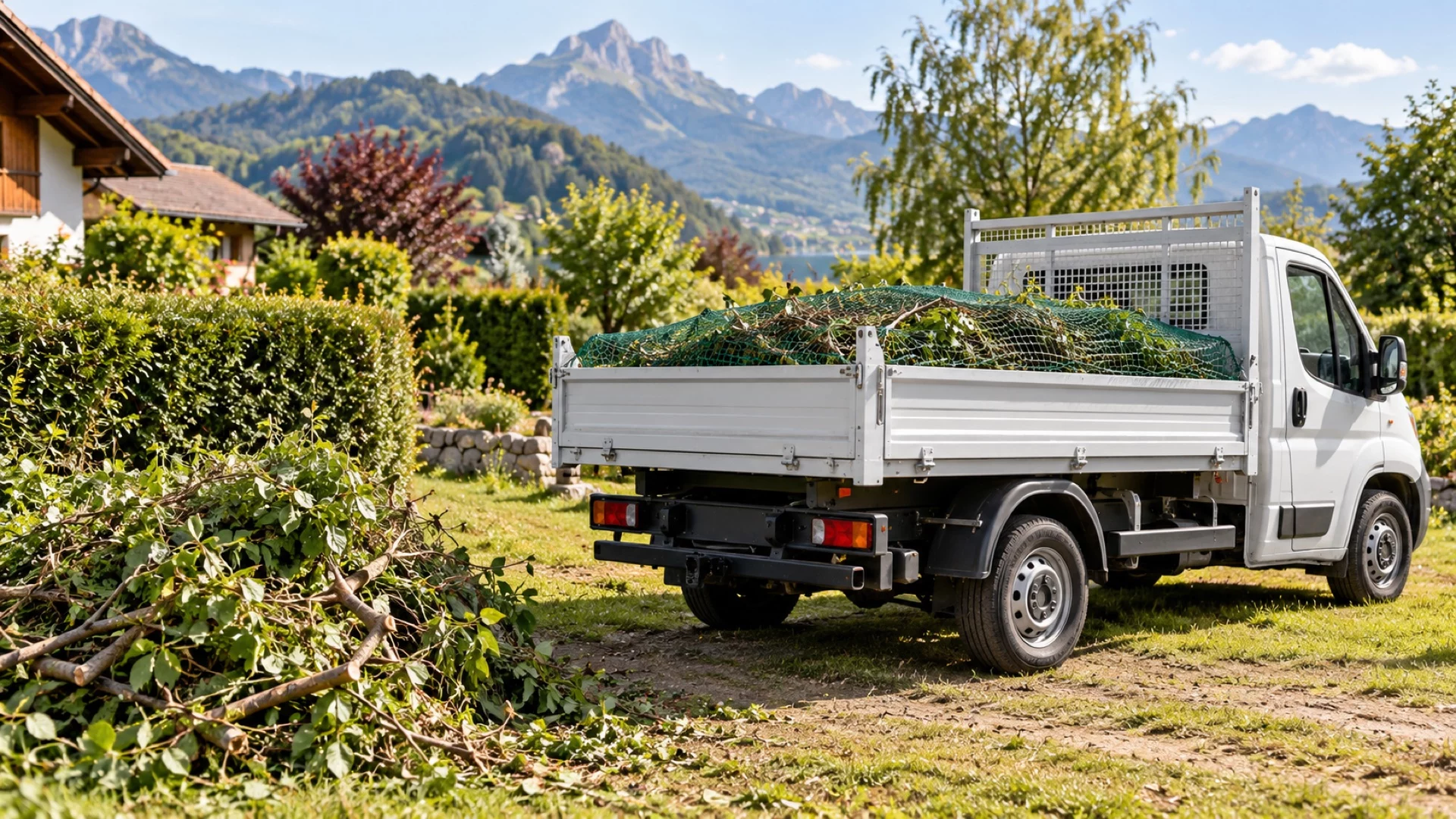 Illustration d’un camion benne chargé de tailles de haies sous un filet