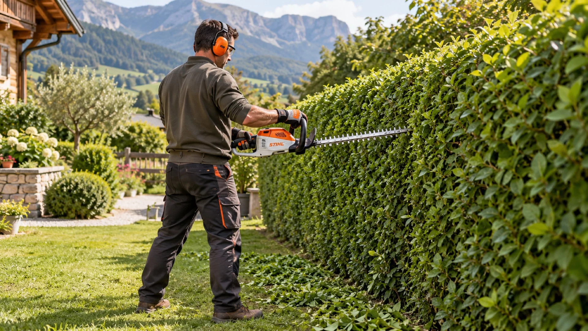 Illustration d’un professionnel taillant une haie avec un taille-haies STIHL