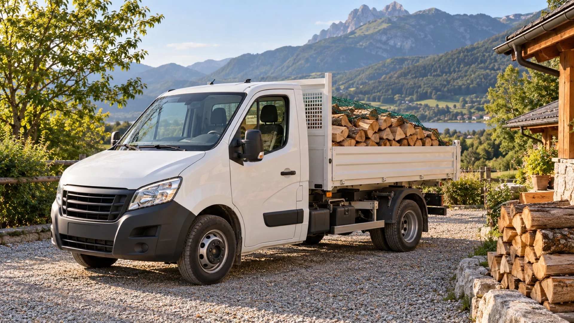 Illustration d’un camion benne transportant des bûches sur un accès privé