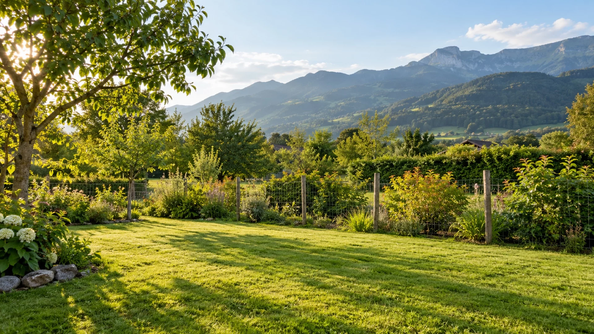Illustration d’un jardin entretenu avec pelouse, haie et clôture en bois et grillage